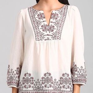 GAP Linen-Blend Cream and Red Embroidered Blouse- Small